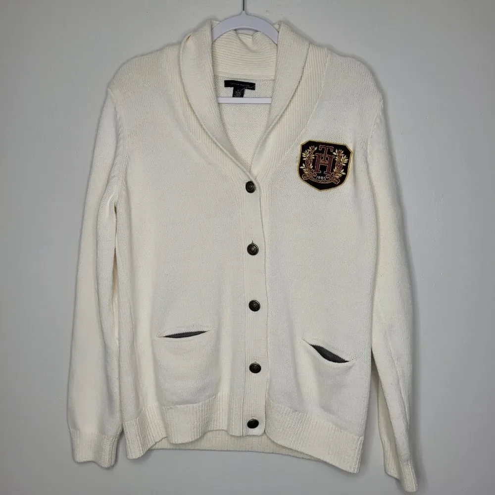 Tommy Hilfiger Cream Knit Crest Old Money Academia School Cardigan Size Xl